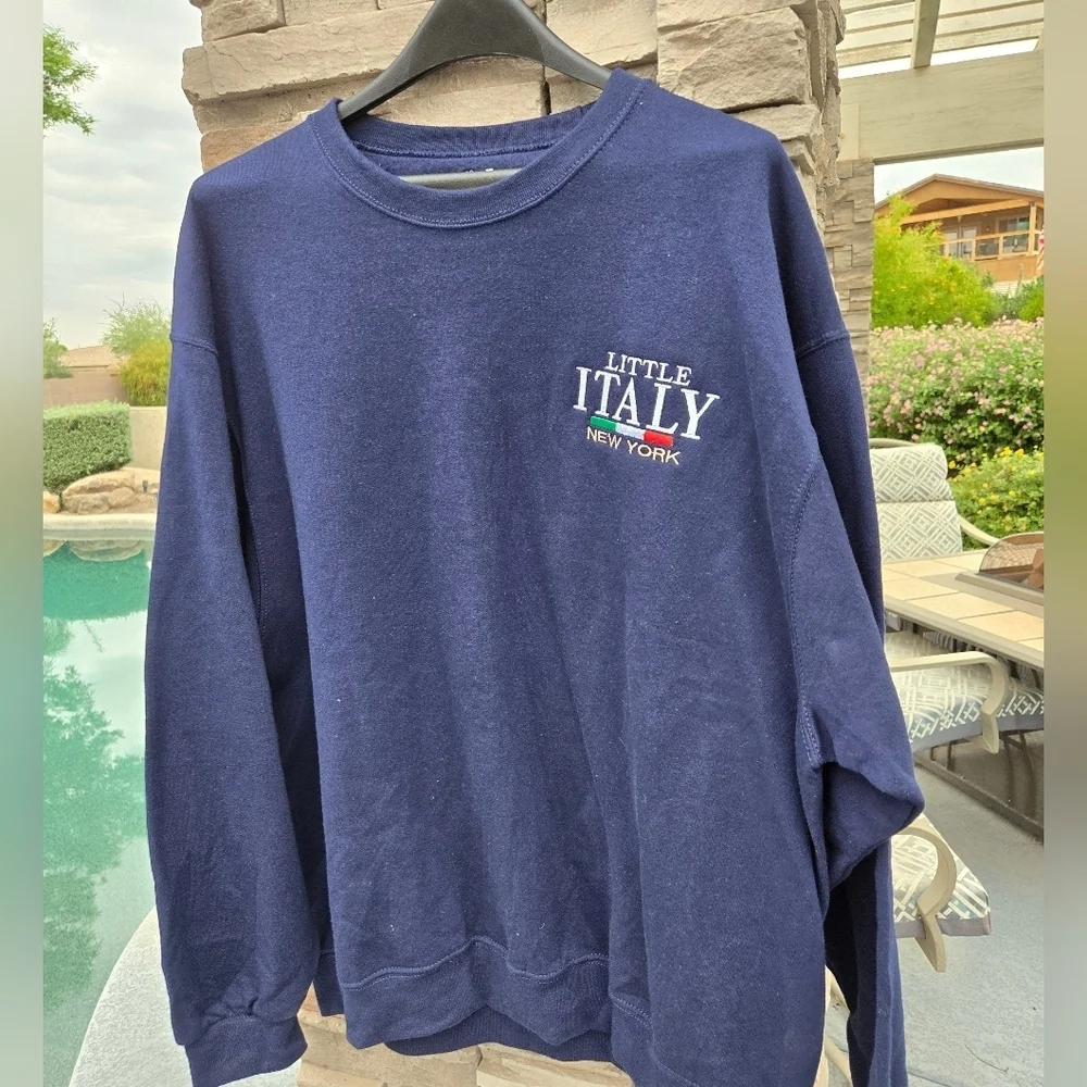 Fruit Of The Loom Sz XL Little Italy Navy Blue Men's Sweater Shirt Cotton Poly